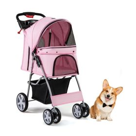 Folding Pet Stroller with Adjustable Canopy for Outdoor (Type: pets supplies, Color: Pink)